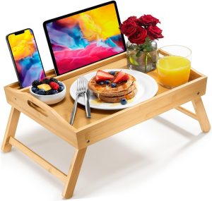 Bandeja de mesa de cama com pernas dobráveis, suporte e alças para laptop – Bandeja de café da manhã bandeja de cama de bambu para comer, sofá, cama, bandejas de comida para comer no sofá, lanches e