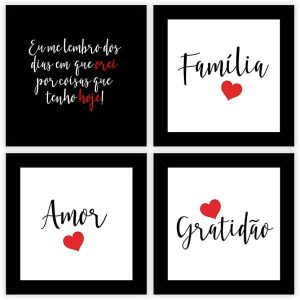 Kit 4 Quadros Decorativos 19×19 cm com MOLDURA Composê Família Amor Gratidão Vermelho (Preto)