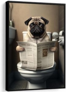 Quadro Decorativo Moderno Pug Lendo Jornal Lavabo Banheiro com moldura 33x43cm
