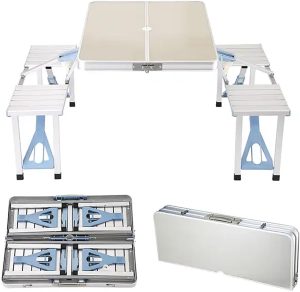 Atitude Mix Mesa Dobrável Camping Maleta Banquetas Alumínio Acampamento – Mesa Dobrável de Acampamento – Prata – 85 cm x 66 cm – 2 Pessoas