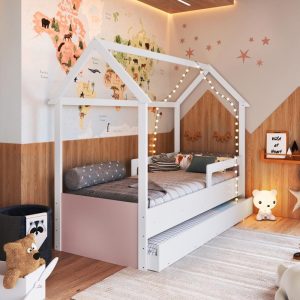 Cama Infantil Montessoriana Bicama Casinha Menino Menina Solteiro 196cm com Proteção Lateral e Cama Auxiliar Branco com Rosa