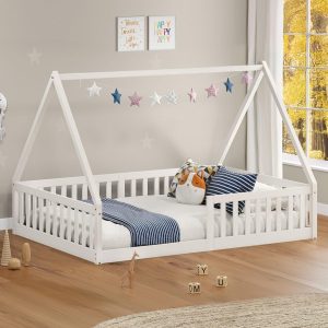 IDIMEX Cama Viúva Infantil Montessori Branco Madeira Casa com Estrado Stella