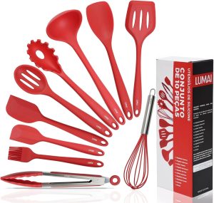 LUMAI Kit 10 Utensílios de Cozinha em Silicone e Aço Inox, Resistentes ao Calor e Antirriscos, Não Arranham, Conjunto Acessórios de Cozinha Completo com Espátula, Pegador, Concha, Colher – Vermelho