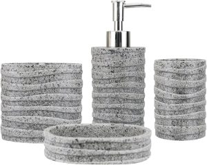 LUMAI Kit Acessórios para Banheiro Resina Quebec 4 Peças, Dispensador de Sabonete Líquido, Saboneteira, Porta-Escovas e Copo Multifuncional, Conjunto de Organização para Banheiro, Resistente e Durável