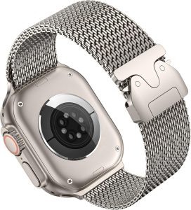 Pulseira masculina de malha milanesa compatível com relógio Apple Ultra 2/Ultra de 49 mm, 46 mm, 45 mm e 44 mm, pulseira ajustável com fivela de metal estilo paraquedas para iWatch SE séries