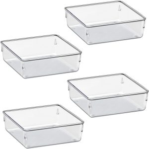 Organizador Modular Acrimet para Gavetas, Bancadas e Armários, Plástico Transparente, Pote Quadrado Grande, Kit com 4 Potes, Cristal