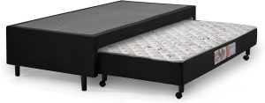 Base Cama Box de Casal Preta Com Colchão Espuma D28 e Cama Auxiliar Acoplado com Rodízios Rodinhas – 138x188x52