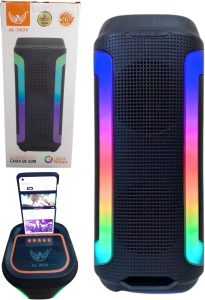 Caixa de Som com Rádio FM Bluetooth/USB 2 Alto-Falantes 50W, Luz LED RGB