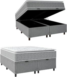 Cama Box Baú Colchão Molas Ensacadas Pillow Top Perfect Cinza/Branco Umaflex – Suporta até 120kg por Pessoa (Queen)