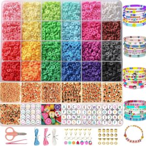 CasaCulina 6000 peças, kit de fabricação de pulseiras de contas de argila, 24 cores, contas heishi de polímero preppy planas com berloques para pulseira da amizade, kit de fabricação de joias, artes