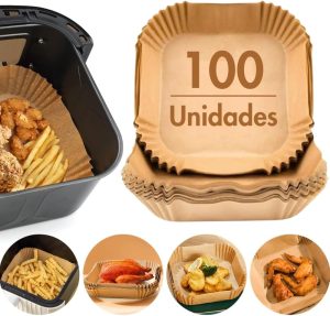 Genérico Kit 100 Formas De Papel Descartável Quadrada Antiaderente Premium Protetor à Prova De Gordura Para Fritadeira Sem Óleo Tamanho Universal Compatível com Todas Fritadeiras Air Fryer