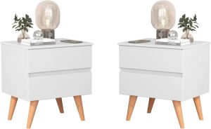 KIT 2 Mesas De Cabeceira Roma Para Quarto Com 2 Gavetas E Pés (Branco)