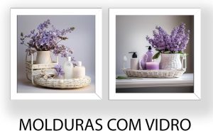 Kit 2 Quadros Banheiro, Lavabo, Vasos, Flores, Lilás moldura em madeira e vidro (branco)