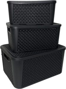 Kit 3 Caixas Organizadoras Casa Decoração Rattan Preta Pequena Media Grande