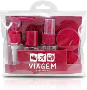Kit Organiza Viagem 7 Peças Frascos Shampoo Creme Bolsa Mala Cor:Vermelho Vinho