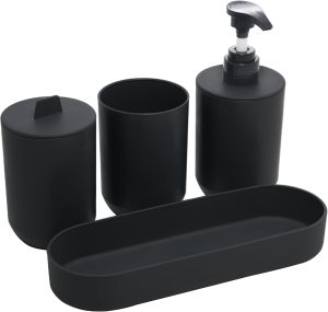 LYOR – Conjunto 4 Peças de Bambu e PP para Banheiro Preto – Porta-sabonete líquido, Porta-escova de dentes, Saboneteira, Porta Algodão