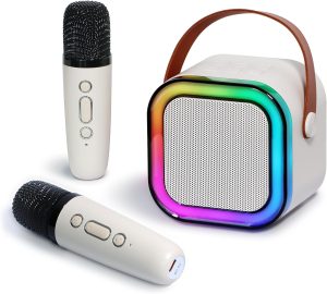 Pequeno portátil Bluetooth microfone karaoke caixa de som, Luzes LED dinâmicas embutidas, com 2 microfone sem fio, para infantil adultos familiares, ar livre, fogueira, festa presente