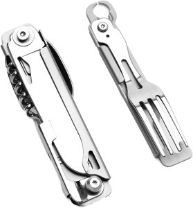 Utensílios de acampamento – aço inoxidável 4 em 1, acessórios de acampamento com trava de segurança com bainha durável – Multiferramenta compacta para acampamento com faca, colher, garfo, abridor de