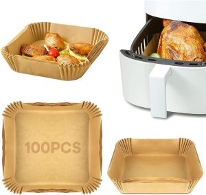 100 peças de forro de papel descartável air fryer 20 cm papel de cozimento antiaderente para fritadeira a ar à prova de óleo pergaminho à prova d’água para assar micro-ondas (quadrado-natural)