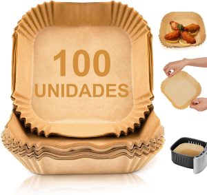 100PCS Papel Antiaderente Descartável para Air Fryer – Forro Protetor Universal 20cm Quadrado, Compatível com Airfryer Cestas e Micro-ondas