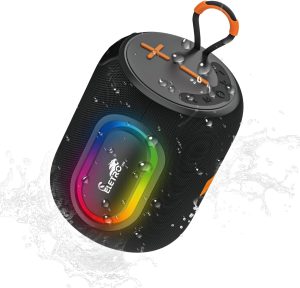 50w Caixa de Som Bluetooth Portátil com LED RGB, À Prova D’água, Controles Táteis, Alça de Transporte, Preta e Laranja