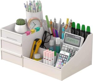 CLKORG Organizador de Mesa Multiuso Porta Caneta Escritório Maquiagem Cosmeticos com Gavetas Branco