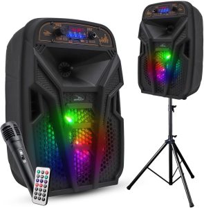 Caixa de Som Amplificada Bluetooth 100W, Alto-Falante Portátil com Luzes LED RGB, Microfone e Controle Remoto, Função Karaokê