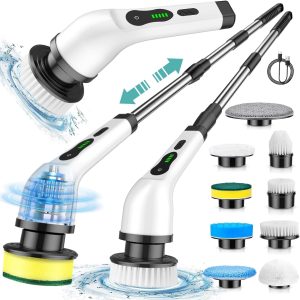 Esfregador giratório elétrico, escova de limpeza sem fio com velocidade dupla de potência 2H, cabo de extensão ajustável, 9 cabeças de escova substituíveis, à prova d’água IPX7 para banheiro,