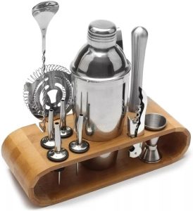 Genérico Kit Bar Profissional Coqueteleira Inox 500ml com 12 Peças Drinks Barman Caipirinha Bar com Suporte Madeira