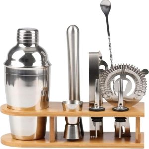 Kit Bar Barman com Coqueteleira 550ml + Socador Inox + suporte em bambu