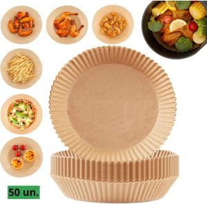 Kit com 50 Formas para Air Fryer Antiaderentes, Papéis Descartáveis Compatíveis e Resistentes – Forro de Papel Vegetal, Antigordura, Tamanho Universal, Ideal para Assar, Fritar e Cozinhar sem Sujeira
