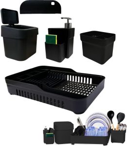Kit para Pia de Cozinha – Escorredor Prato e Talher, Lixeira, Dispenser, Rodinho e Bucha