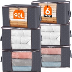 Lifewit Sacos de armazenamento grandes de 90L, pacote com 6 organizadores de armário e armazenamento, caixas de armazenamento de roupas com tampas, recipientes de armazenamento dobráveis com alças