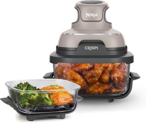 Ninja Crispi Fritadeira de ar, adequada para microondas, congelador e máquina de lavar louça, sistema de cozedura portátil de vidro não tóxico, recipientes de vidro de 4 quartos e 6 chávenas com