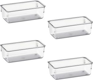 Organizador Modular Acrimet para Gavetas, Bancadas e Armários, Plástico Transparente, Pote Retangular Pequeno, Kit com 4 Potes, Cristal