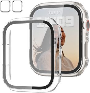 Pacote com 2 capas com protetor de tela de vidro temperado para Apple Watch SE (2023) Série 6/5/4/SE 40 mm, JZK Slim Guard Bumper Cobertura Completa Hard PC Capa protetora HD ultrafina para iWatch de