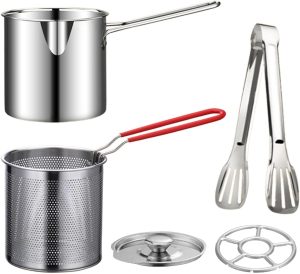 Panela de fritadeira de aço inoxidável 304 com cesta, fritadeira de fogão com alça de fácil aderência, panela de filtro de óleo multifuncional de grande capacidade para fritar peixe, camarão, frango,